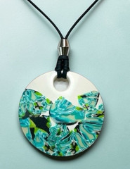 Handmade Large White, Blue & Green Polymer Clay Pendant Necklace w Silicone Cord