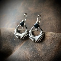 Lightweight Boho Bohemian Silver Black Zircon Fluted Crescent Dangle Earrings