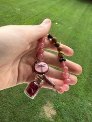 Rose Quartzs and Jasper Beaded Stretch Charm Bracelet w/ Rose petals.