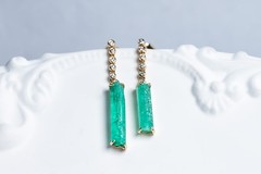 Colombian Raw Emerald Diamond Drop Earrings in 14K Yellow Gold