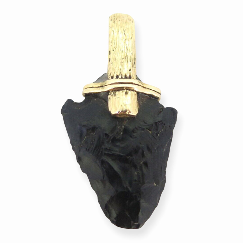 .Vintage 14ct Yellow Gold Handmade Black Obsidian Arrowhead Pendant 11.4g
