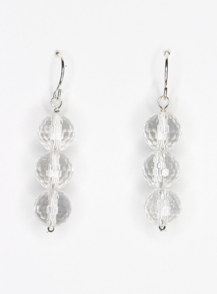 Quartz Crystal 8mm Faceted Round .925 Sterling Silver Gemstone Earrings 1 1/2″