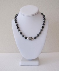 Snowflake Obsidian Necklace, Swirly Pewter, Sterling Lobster Clasp, Gift Box