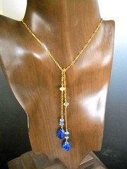 Delicate Dangle Lariat Necklace with Sapphire Briolette Crystals Gold Link Chain