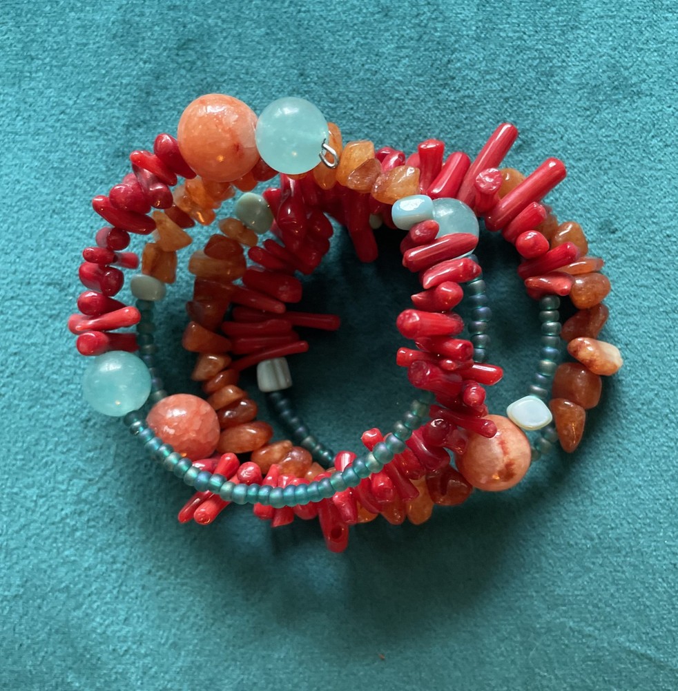 Artisan Made Bracelet, Memory Wire Wrap, Various Stone Beads Coral Beach New