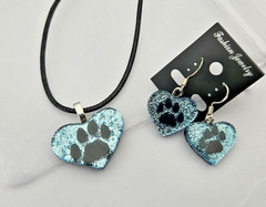 Handcrafted Fused Glass Dichroic Heart Paw Print Glass Pendant and Earring Set