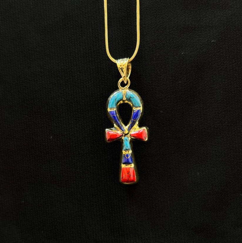 Brass Ankh Key of Life Pendant with Turquoise Blue and Red Stone Necklace
