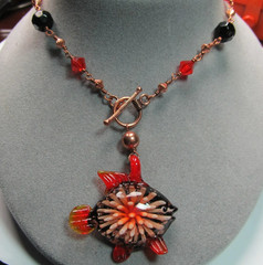 Fish Red Black Glass Paperweight Pendant Genuine COPPER Toggle Clasp Necklace