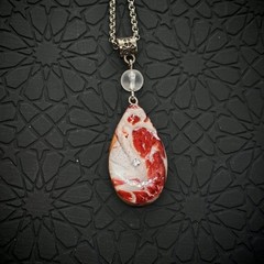 Handcrafted Teardrop Necklace: Red-White Resin with Embedded Wood & Crystal
