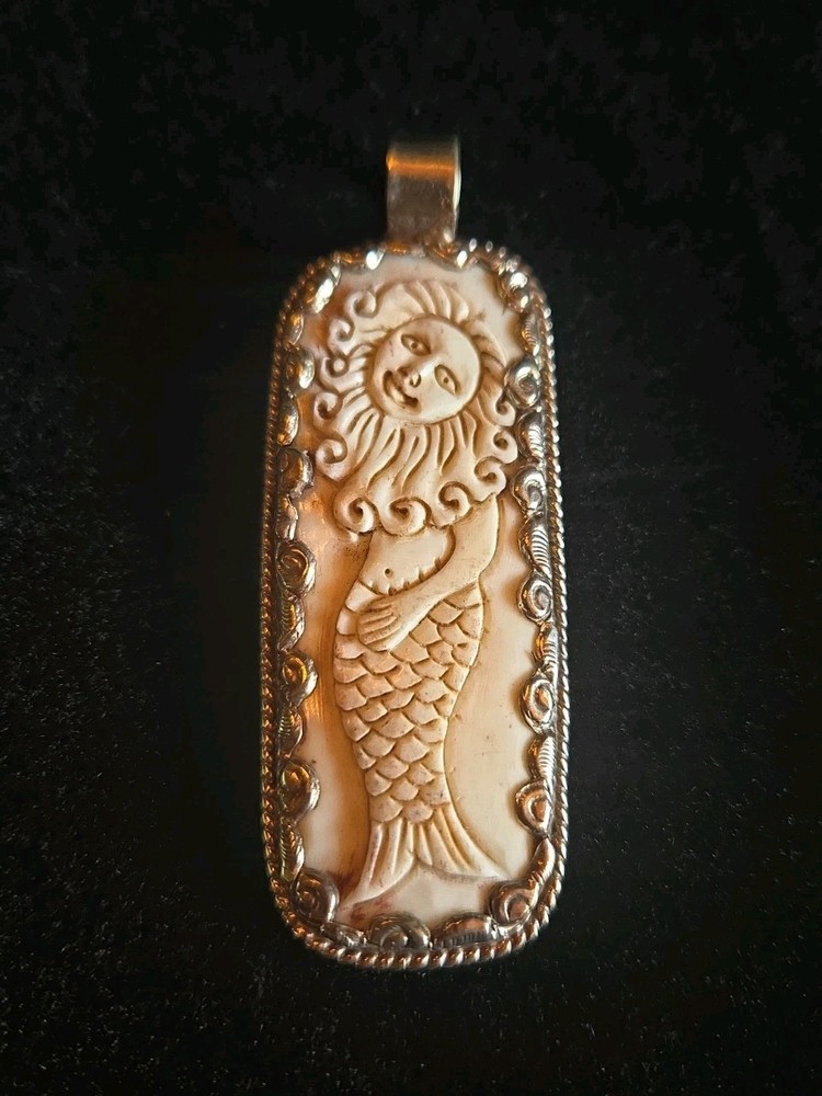 Handcarved Tibetan Mermaid Pendant Necklace Silver Vintage Oddity Unique 2 Sided