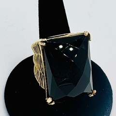 Black Onyx Style Faceted Glass Ring Gold Tone Wire Wrapped Oversized Statement