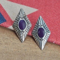Fox Studio Vintage Navajo Sterling Silver Purple Sugilite Shield Earrings Signed