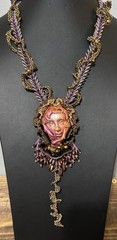 OOAK Bead Embroidered Statement Necklace 14K Gold Filled JBB Face Art Jewelry16”