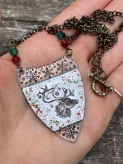 Glass Enameled Copper Reindeer Christmas necklace with Swarovski beads HANDMADE