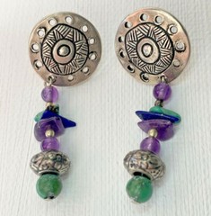 Silver Medallion Dangle Pierced Amethyst Turquoise Earrings