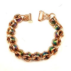Bike Chain Weave Bracelet w/ Copper Jump Rings & «Oil Slick» Colored Pony Beads
