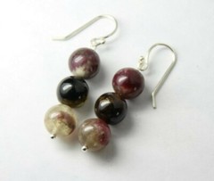 Tourmaline Earrings Dark Red, Green 8mm Ball Natural Gemstone .925 Silver 1 1/2″