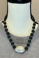 Greek Black Lava Stone Necklace w Large Mother of Pearl