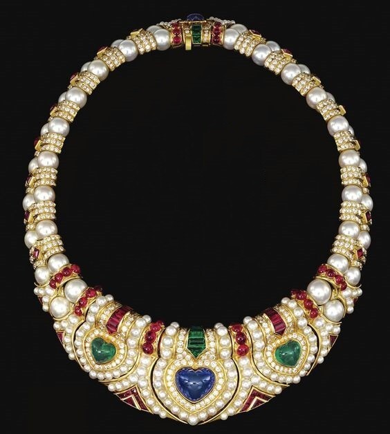 Gem set Sugarloaf Sapphire Emerald & Ruby Handcrafted Necklace Red Carpet Silver