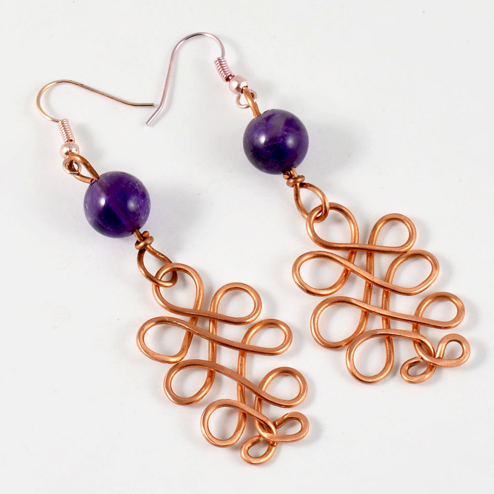 Natural Amethyst Crystal Beads Handmade Earrings Copper Wire Wrapped Gemstone