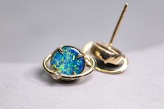 Saturn Design Doublet Opal Stud Earrings 14K Yellow Gold
