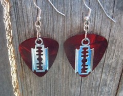 Razor Blade Charm Guitar Pick Earrings with Surgical Steel Earwires