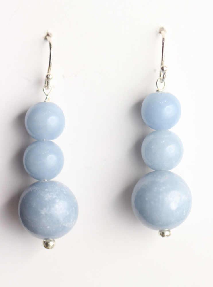 Angelite Earrings Blue 8, 12mm Ball Natural Gemstone .925 Sterling Silver 1 1/2″