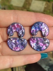 Handcrafted Polymer Clay Silver Stud Dangle Earrings Purple Pink Blue