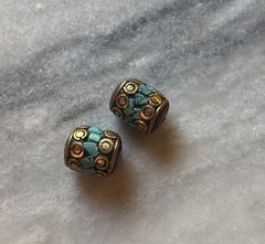 Two Vintage Tibetan Turquoise Coral Barrel Beads in Repousse Brass C25