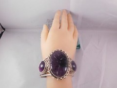 Handmade Carved Floral Amethyst Three-stone 8″ Cuff Bracelet Sterling Silver