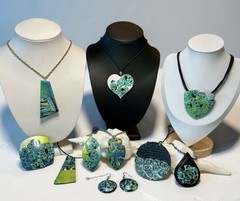 Handmade Blue & Green Abstract Floral Polymer Clay Large Pendant Necklace Chain