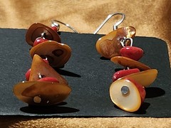 2″ Handmade Triple-tear Dangle Earrings W/Red Coral /Tagua Nut Beads