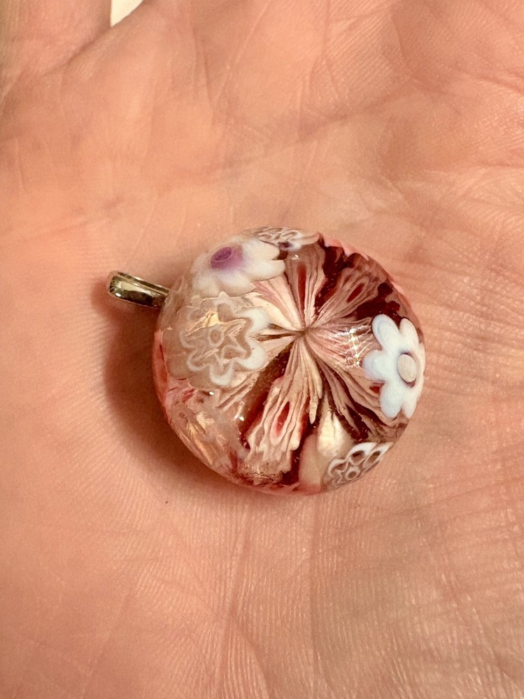 Hand-Blown Murano Glass Millefiori Flower Design Necklace Pendant, Small
