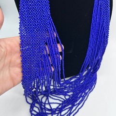 Vintage Blue Seed Bead Bib Necklace Long Big Fringe Statement Western Waterfall