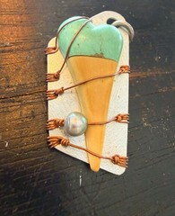 Blonde Shark Tooth Pendant Turquoise Wrapped Copper Handmade Artisan Signed