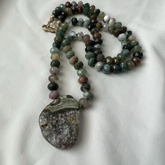 Stone Natural Ocean Jasper Bead Necklace Faceted Rondelle Pendant Boho Vtg