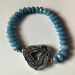 Handmade Blue Aquamarine & Sliced Black Agate Druzy Silver Beaded Bracelet