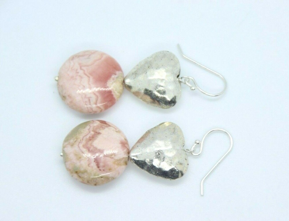 Rhodochrosite Pink 16mm Coin Gemstone 925 Sterling Silver Earrings 1 3/4″ Heart