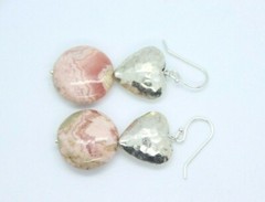 Rhodochrosite Pink 16mm Coin Gemstone 925 Sterling Silver Earrings 1 3/4″ Heart