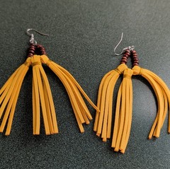 Yellow Brown Tassel Beaded Earrings Leather Wood Handcrafted Hook for Women