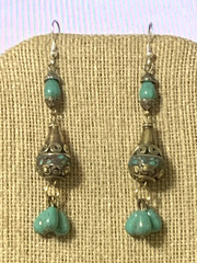 NEW ITEM* HANDCRAFTED NEPAL BEAD &TURQUOISE EARRINGS*-.925 STERLING EAR WIRE-NEW