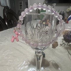 Rose Quartz Beaded Bracelet with heart and Pink Balloon Dog Dangle Charm,