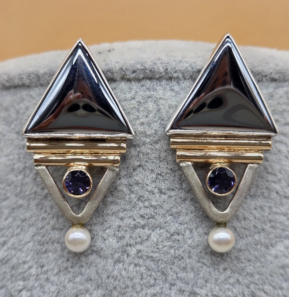Vintage 14k Yellow Gold Sterling Silver 925 Genuine Pearl Gemstone Earrings
