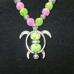 Sea Turtle Pendant Necklace Pink & Green Silver Tone Handmade Whimsical OOAK 19″