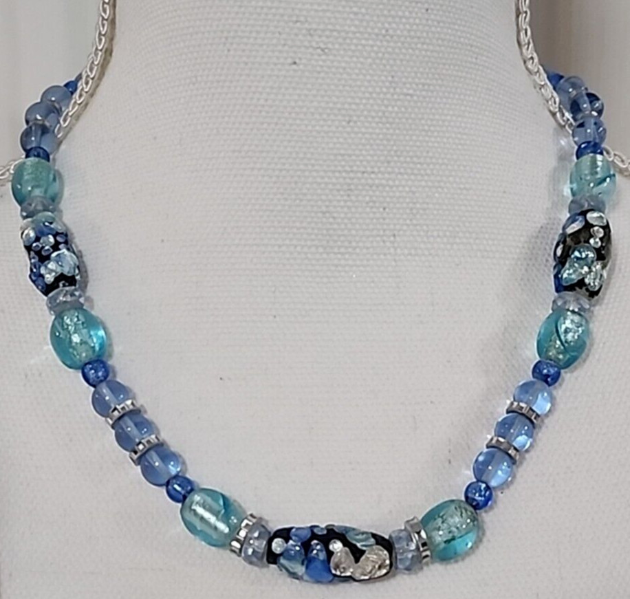 Artisan Glass Foil Beads with German Glass Beads Necklace 17 3/4″ w/o Closures