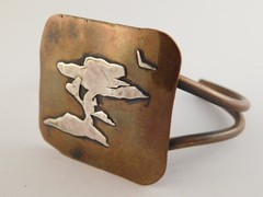 COPPER STERLING CUFF MIXED METAL BRACELET SPLIT CUFF TREE BIRD ABSTRACT SILVER