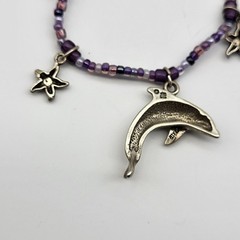 Fab Sterling Silver Necklace Beach Dolphin Shells Purple Beads Mermaid Festival