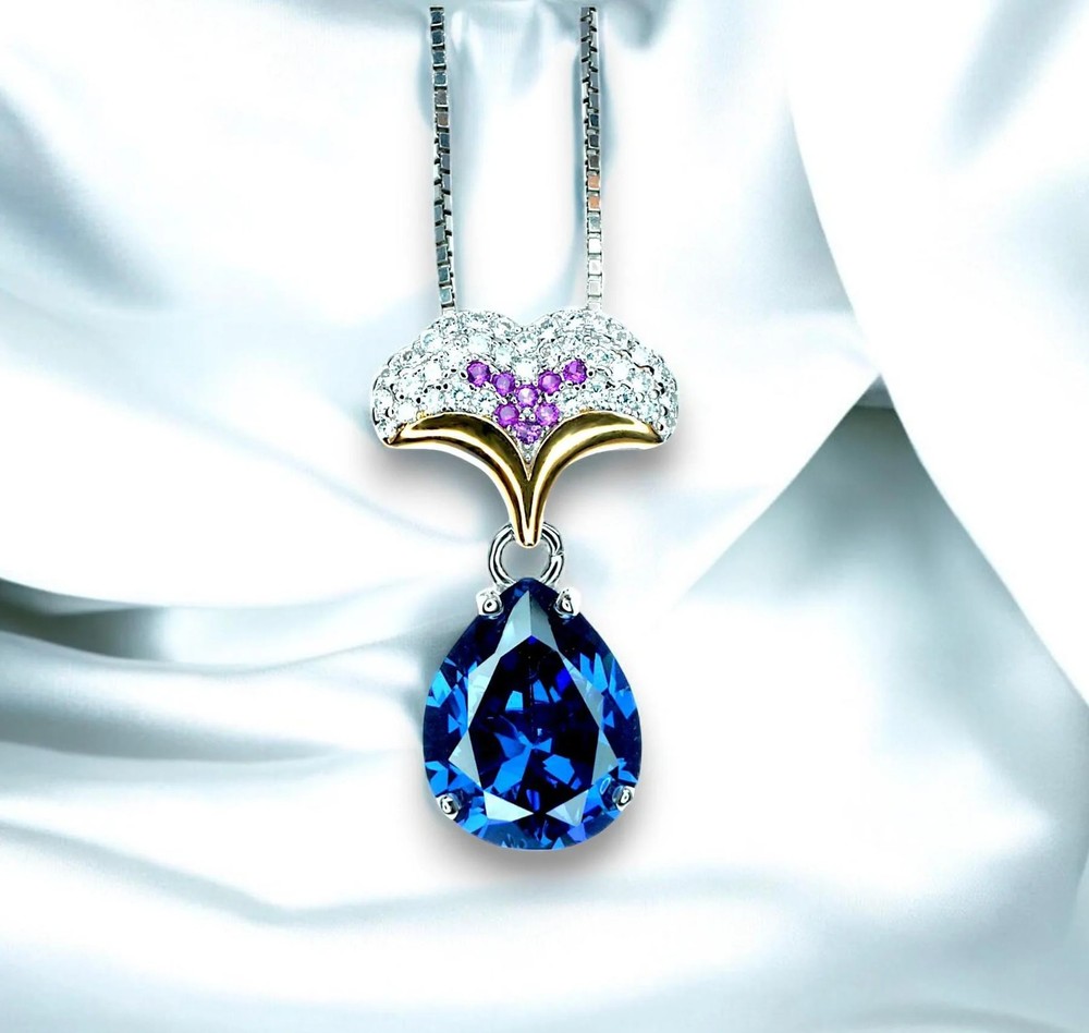 Blue Sapphire Necklace Ginkgo biloba Leaf Pendant Large 4 CT Teardrop Lab