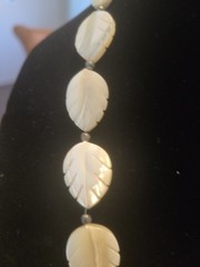 Genuine large carved mother of pearl leaf necklace – 26″ & Earrings M