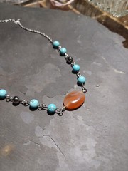 Carnelian, Howlite Gemstone Hand Beaded Necklace, Stainless Steel, Crystal